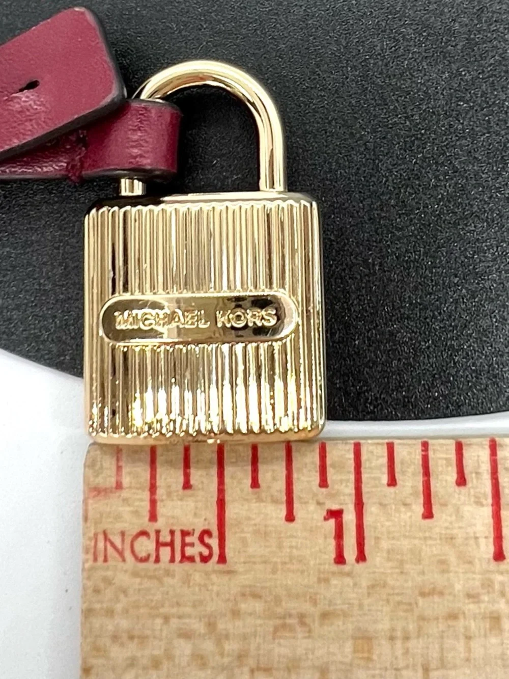 Michael Kors Gold Ribbed Padlock Bag Charm Burgundy Leather Key Ring Bag Charm